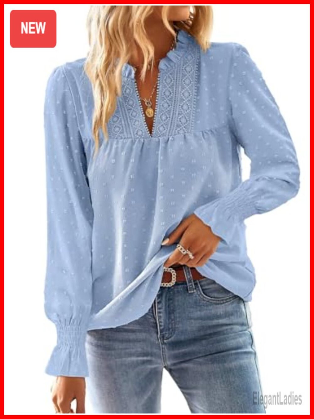 Womens V-Neck Crochet Lace Tunic Blouse Butterfly Sleeve Swiss Dot Top